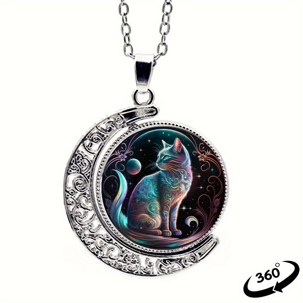 

Creative Fashion Cute Cat Crescent Moon Half Moon 360° Rotating Round Pendant Necklace Creative Men's And Women's Jewelry Gifts