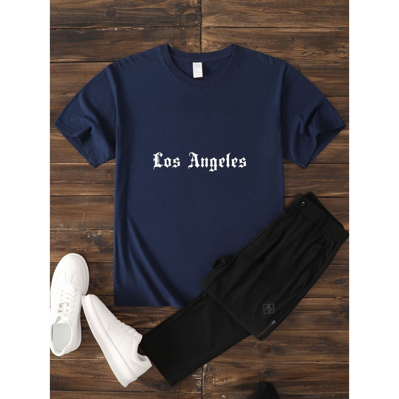 

Los Angeles Letter Print Men's T-shirt, Crew Neck Short Sleeve Tees For Summer, Casual Comfortable Versatile Top For Daily Wear & Outdoor Activities, As Gifts