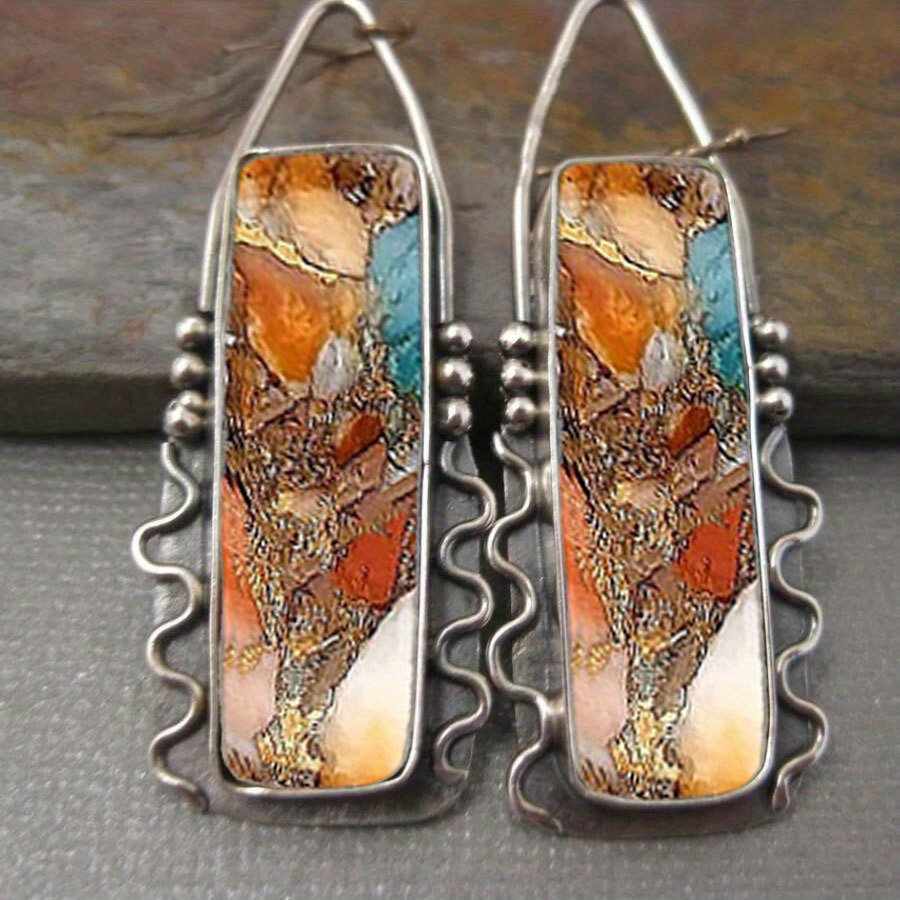 

2pcs Retro Bohemian Style Geometric Dangle Earrings With Colorful Pattern Birthday Party Anniversary Gift