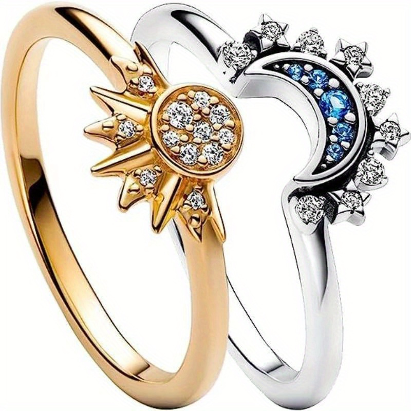 

2pc/set Summer Couple Ring Set Sky Blue Sparkling Moon And Sun Ring New Women's Stackable Finger Set Engagement Jewelry