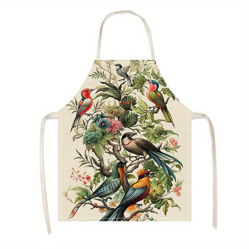 

Charming Floral & Bird Print Linen Apron - Perfect For Cooking, Parties & Home Kitchen Use | Oil & Stain Resistant Dish Cloths For Kitchen