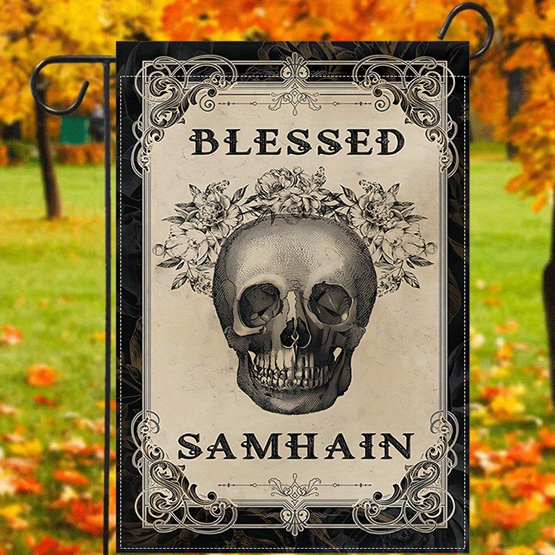 

1pc, Blessed Samhain Garden Flag Pagan Witch Autumn Decoration Yard Sign Halloween Vibe Decorations Yard Flag Lawn Flag Double Sided Waterproof Burlap Flag 12x18inch