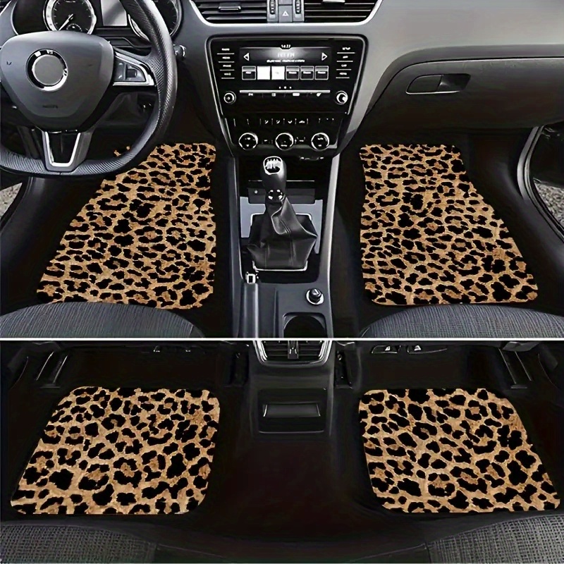 

Universal Fit Leopard Print Car Floor Mats, 4pc Set, Polyester Fiber, Non-slip Automotive Front & Rear Floor Mats