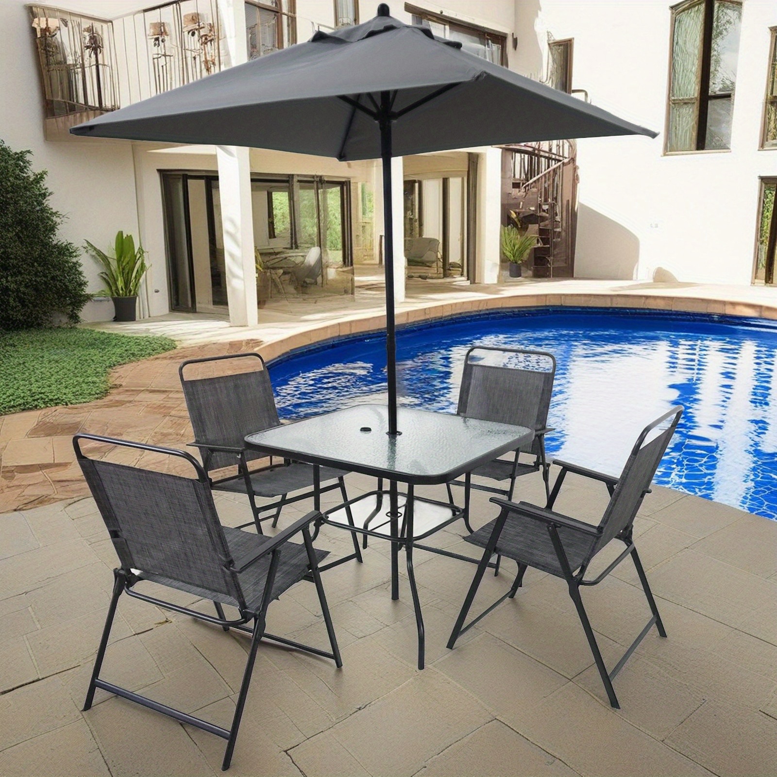 

Outdoor Patio Dining Set For 4 People, Metal Patio Furniture Table And Chair Set With Umbrella, Black