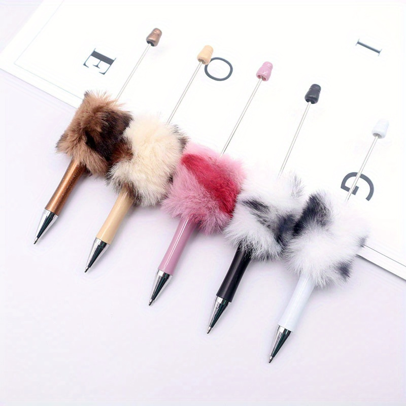 

5pcs Fine Point Ballpoint Pens With Oval Plastic Body, Twist Closure, And Colorful Faux Fur Pom Pom For Ages 14+