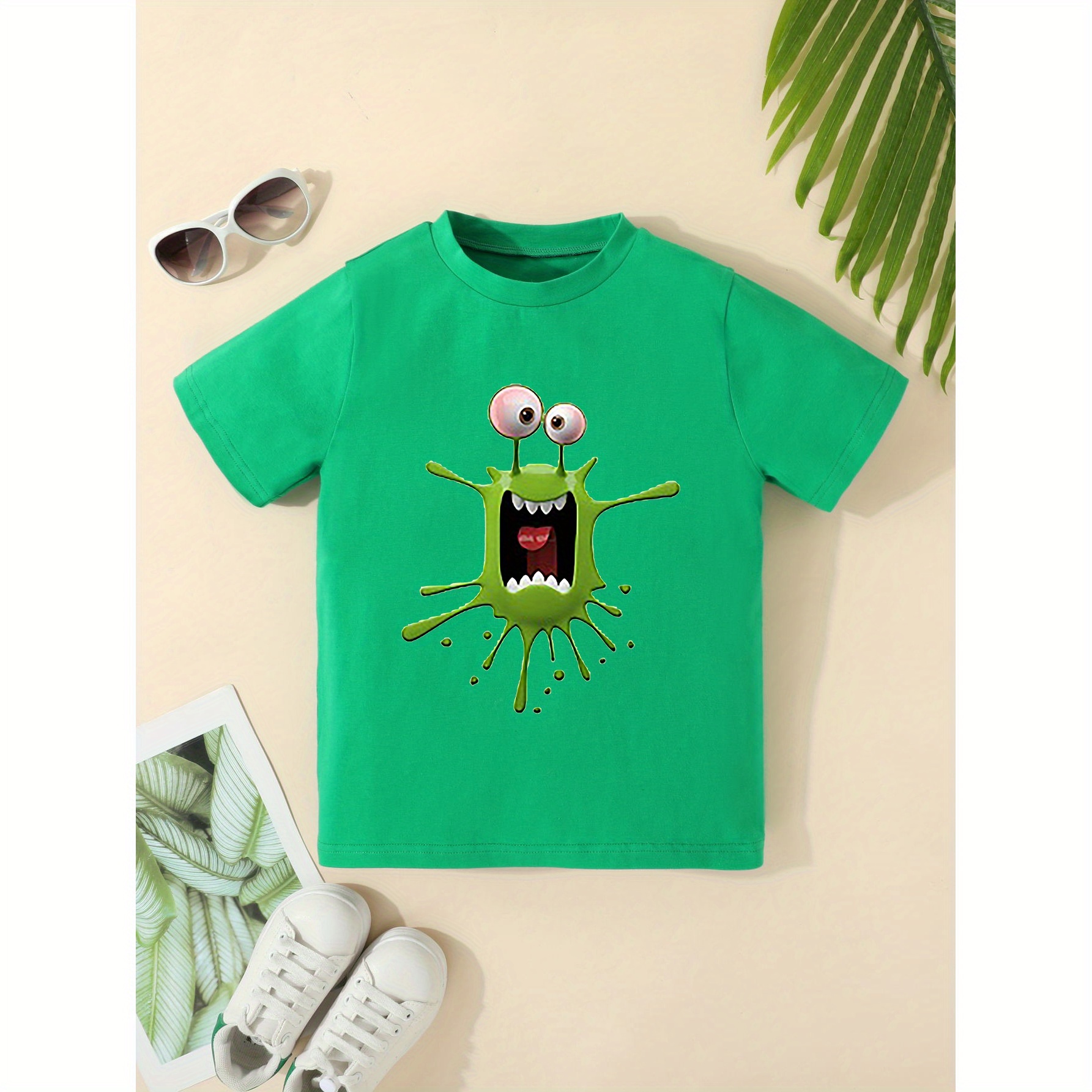 

Cute Monster Innovative Graphic Print Casual Short Sleeve T-shirt For Boys, Cool Comfy Versatile Trendy Tee Boys Summer Outfits Clothes
