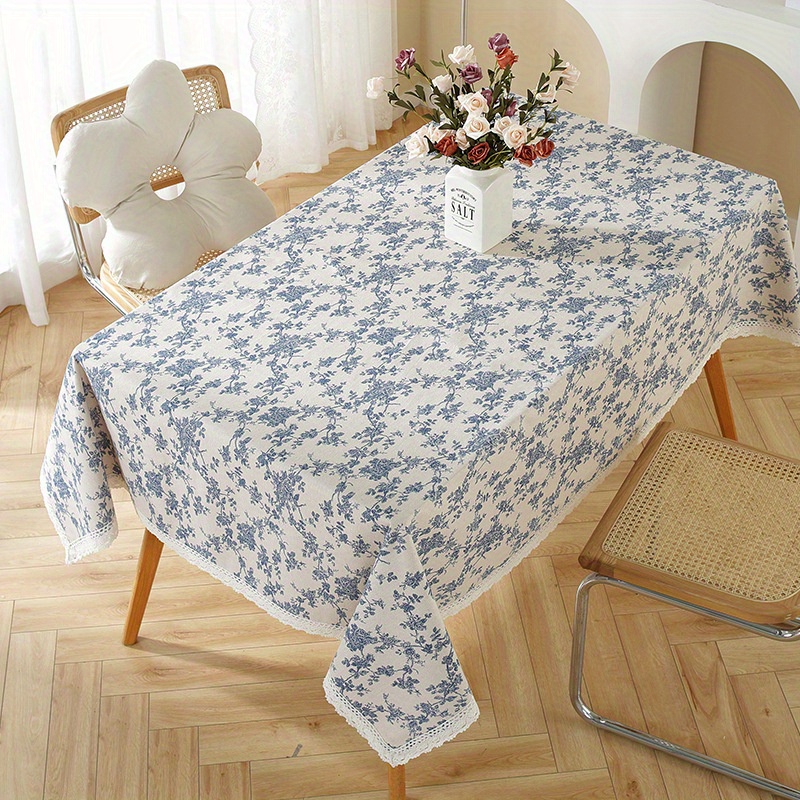 

Blue Floral Cotton Linen Tablecloth - Machine Washable Cotton Blend Table Cover For Dining Room And Living Room - Lace Trimmed Edge - Elegant Afternoon Tea Table Decor