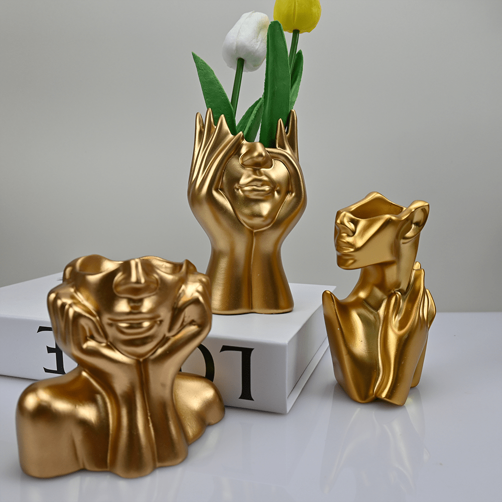 Golden Face Art Sculpture, 1pc Resin Decorative Pen Holder, Multifunctional Office Organizer, Handcrafted Face Vase for Home and Hotel Decor, Luxury Nordic Design, No Electricity Required