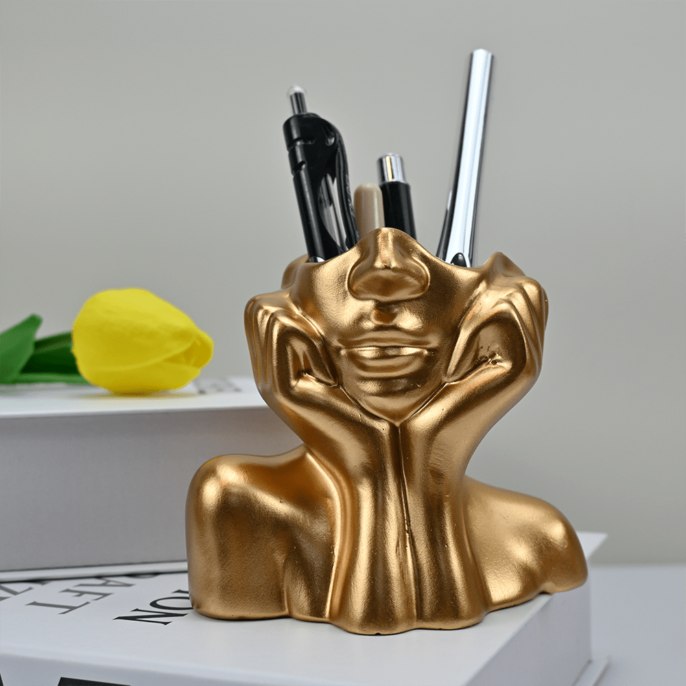 Golden Face Art Sculpture, 1pc Resin Decorative Pen Holder, Multifunctional Office Organizer, Handcrafted Face Vase for Home and Hotel Decor, Luxury Nordic Design, No Electricity Required