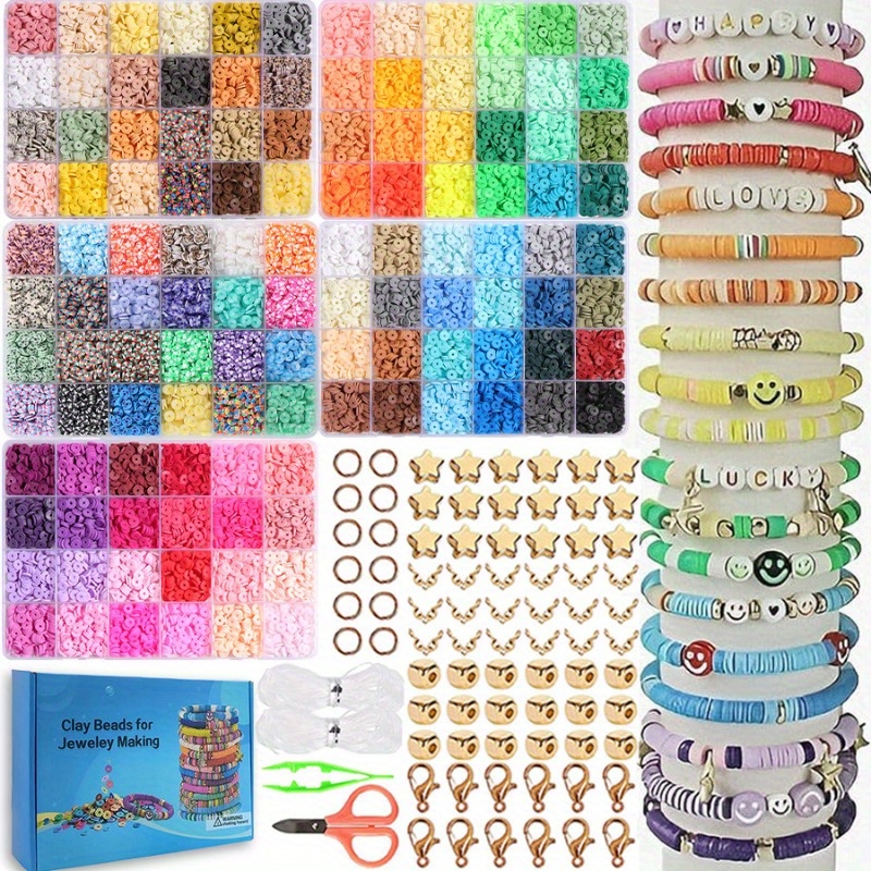 

2400-12100pcs Polymer Clay Beads Kit, With Alphabet Beads, Multi-color Beads, Elastic Strings, Scissors & Charms, For Making Bracelets, Necklaces, And Keychains