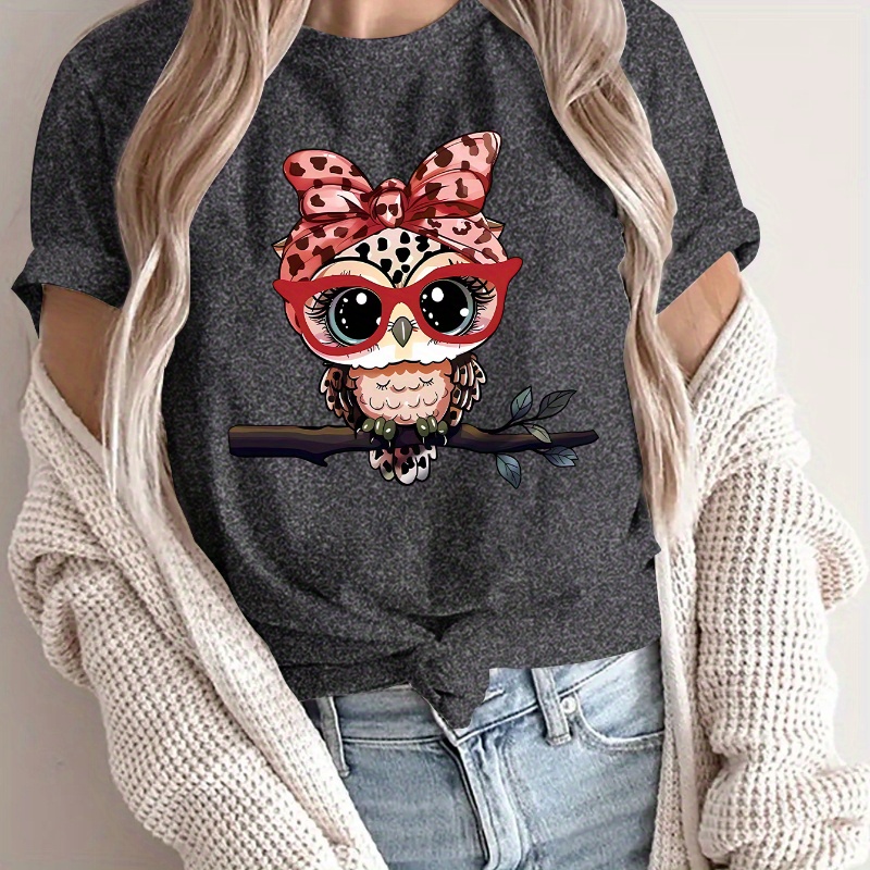 

Cute Cartoon Owl Print T-shirt, Casual Crew Neck Short Sleeve Top For , Women's Clothing