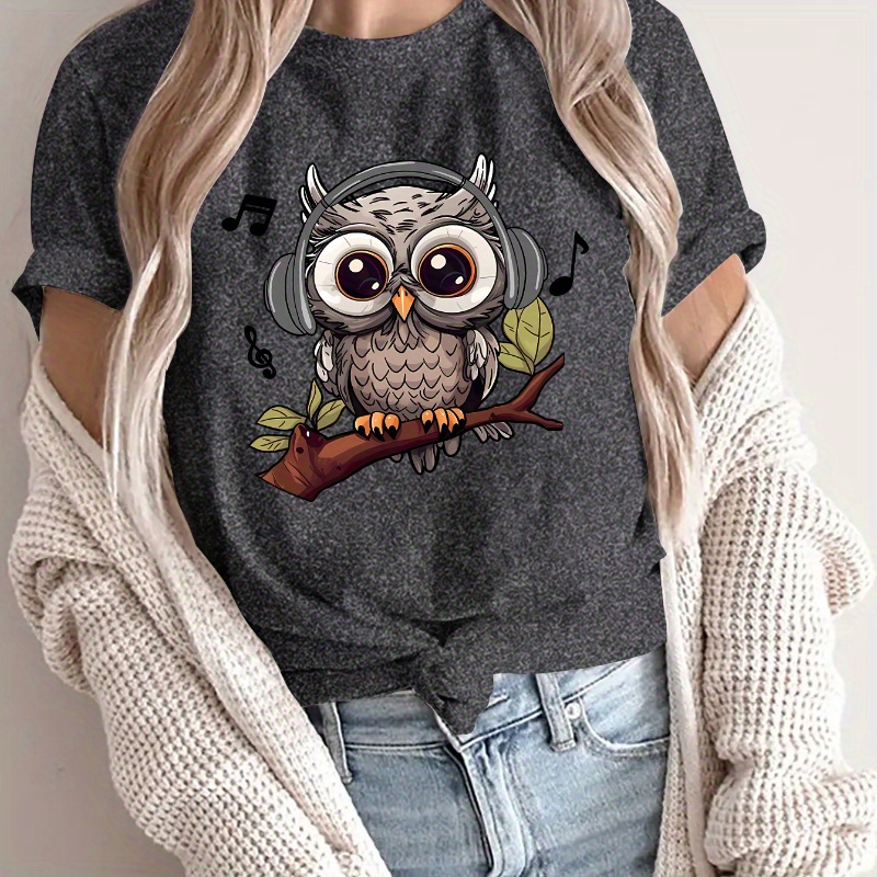 

Cute Cartoon Owl Print T-shirt, Casual Crew Neck Short Sleeve Top For , Women's Clothing