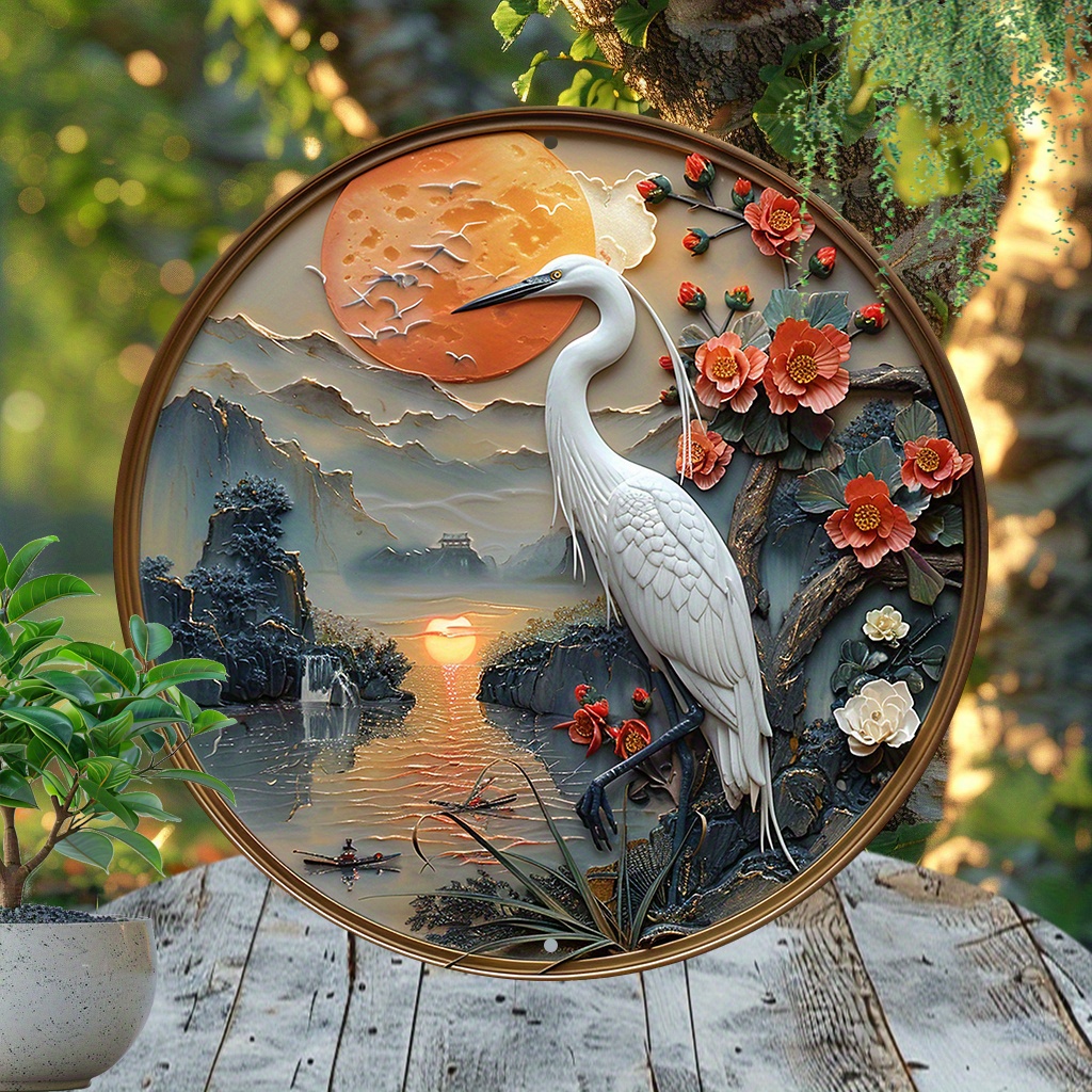 

Egret Themed Aluminum Wall Art - 8x8 Inch Circular Decorative Painting For Living Room, Home Decor, And Unique Gift Idea