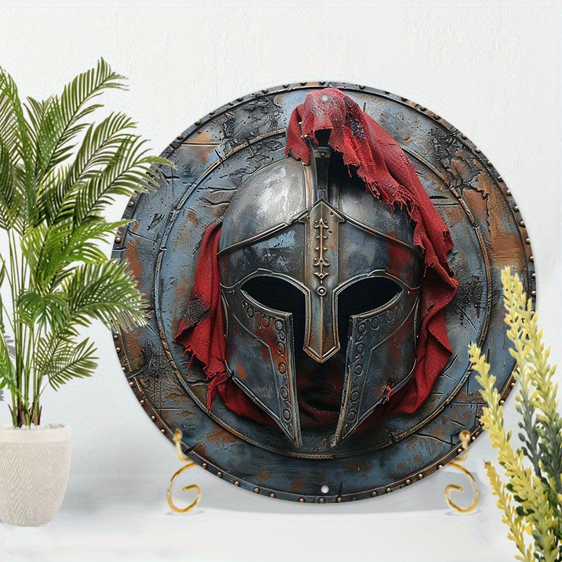 

1pc Spartan Warrior Half Face Mask Round Aluminum Wall Art, 8x8 Inch, Waterproof And Weather Resistant For Home Decor, Room And Porch Decoration