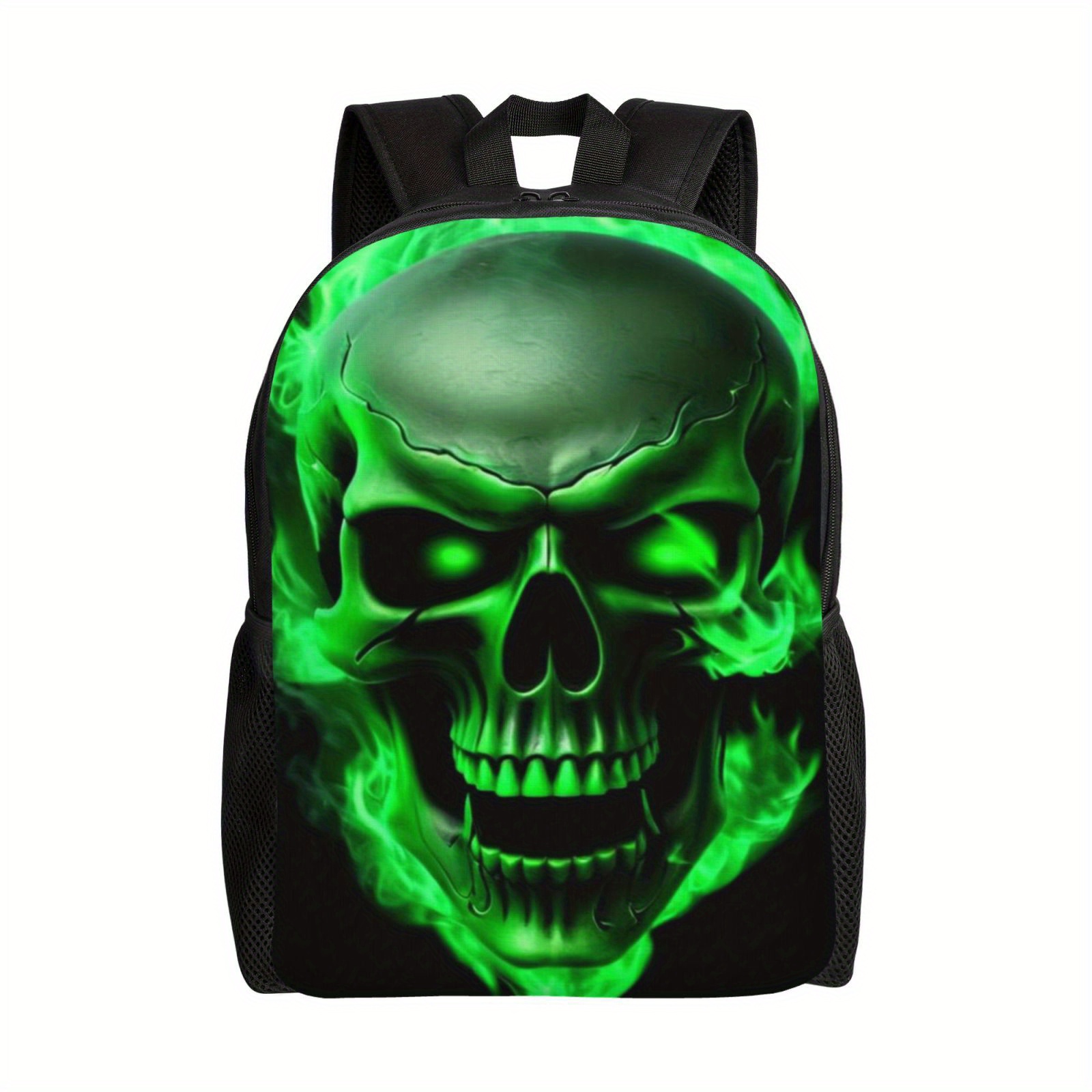 

Green Scary Skull Casual Backpack, Lightweight Shoulder Bag For Men And Women, Large Capacity Computer Laptop Bag Book Bag For Work Travel Office College