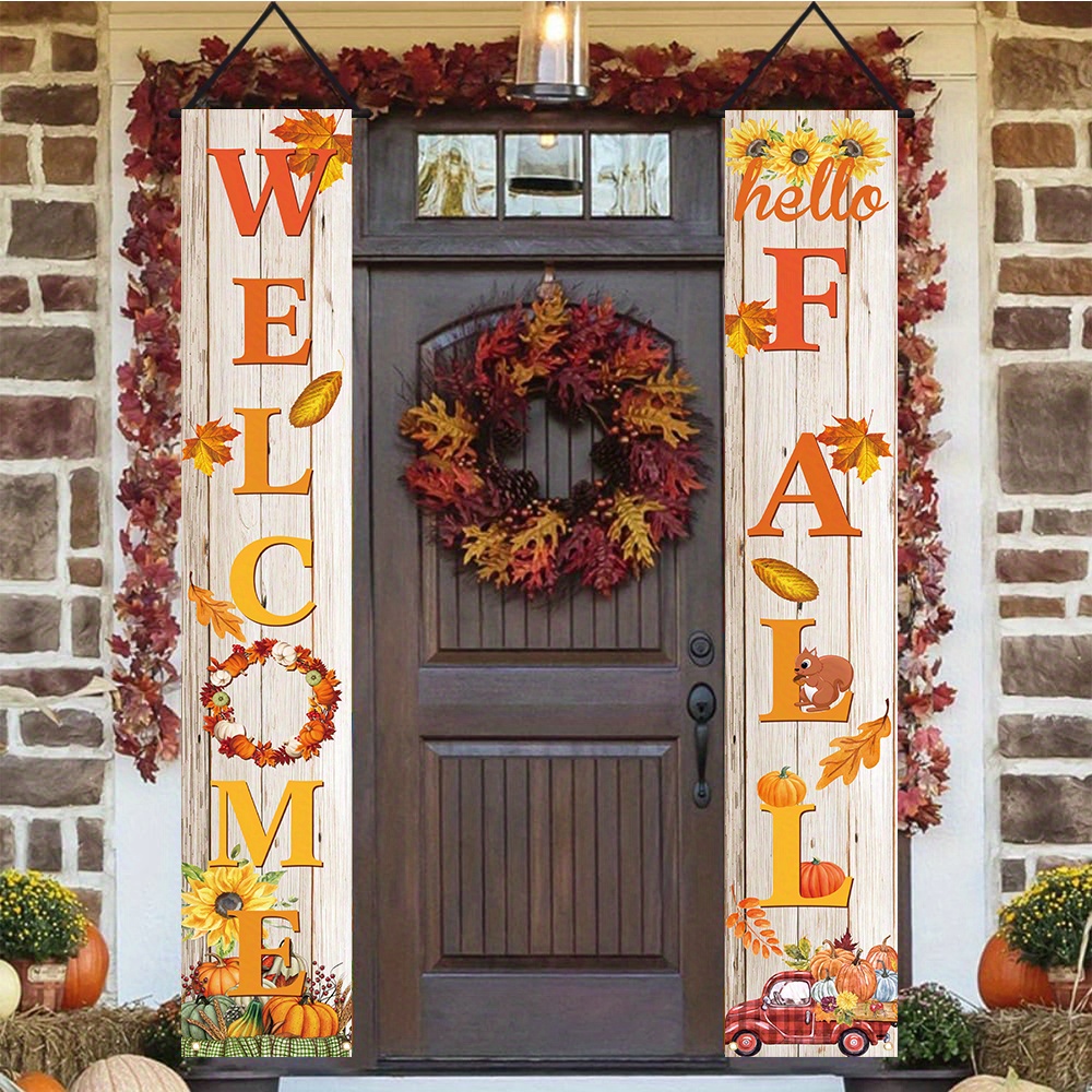 

Welcome Fall Porch Sign Set, Polyester Pumpkin Maple Leaf Pattern Hanging Banner, Seasonal Farmhouse Harvest Thanksgiving Home Wall Outdoor Decor, 1 Pair