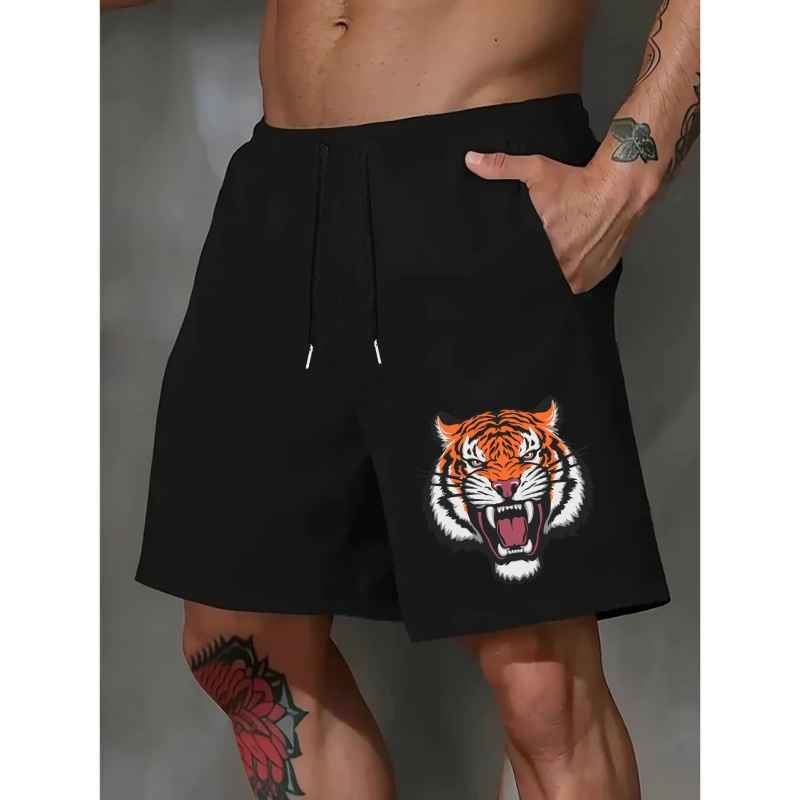 

Tiger Showing Its Teeth Print Men's Drawstring Shorts, Loose Casual Comfy Clothing For Spring And Summer, Suitable For Outdoor Fitness, Holiday & Daily Commute