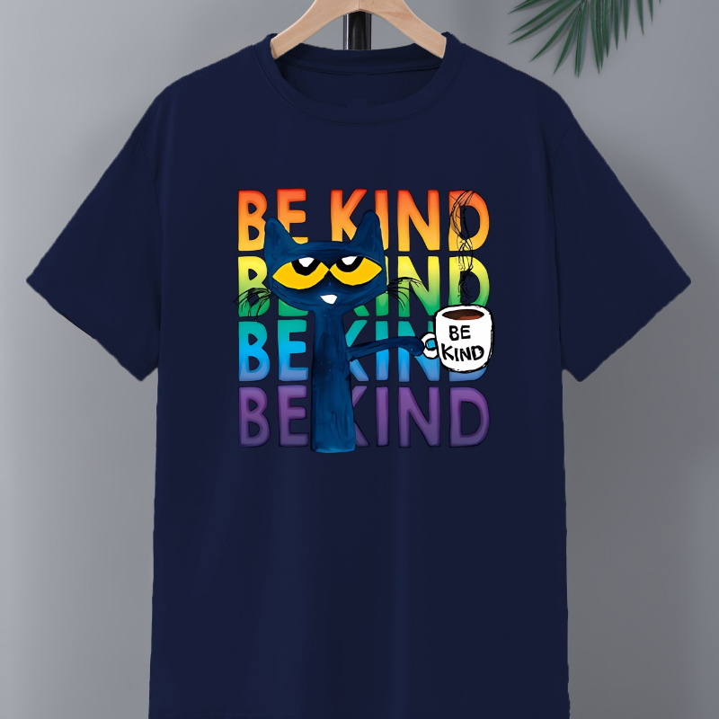 

Be Kind Letter Cat Graphic Print Men's Crew Neck Short Sleeve Tees, Summer Trendy T-shirt, Casual Comfortable Top For Outdoor Sports & Leisure Vacation