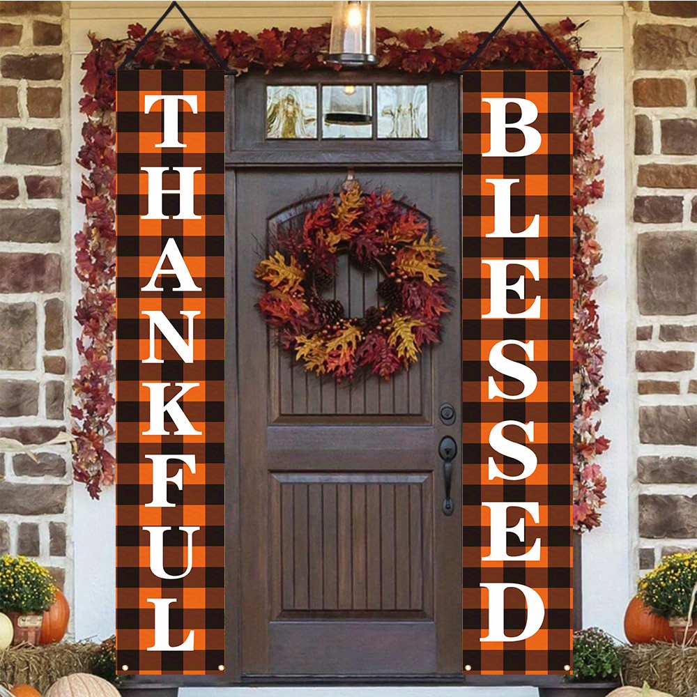 

Porch Banners - 1 Pair, Plaid Pattern Polyester Hanging Signs For Front Door Decor, Perfect For Thanksgiving & Harvest Season Farmhouse Style