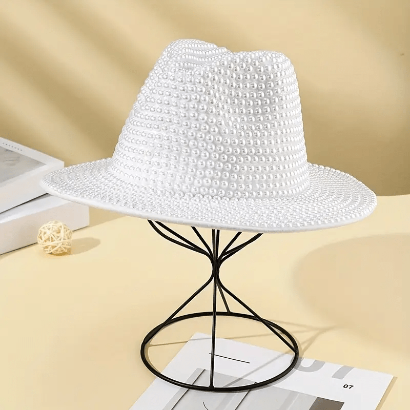 pearl embellished white fedora hat elegant cowboy style 