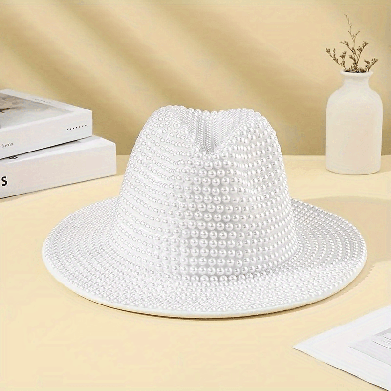 pearl embellished white fedora hat elegant cowboy style  display picture 2
