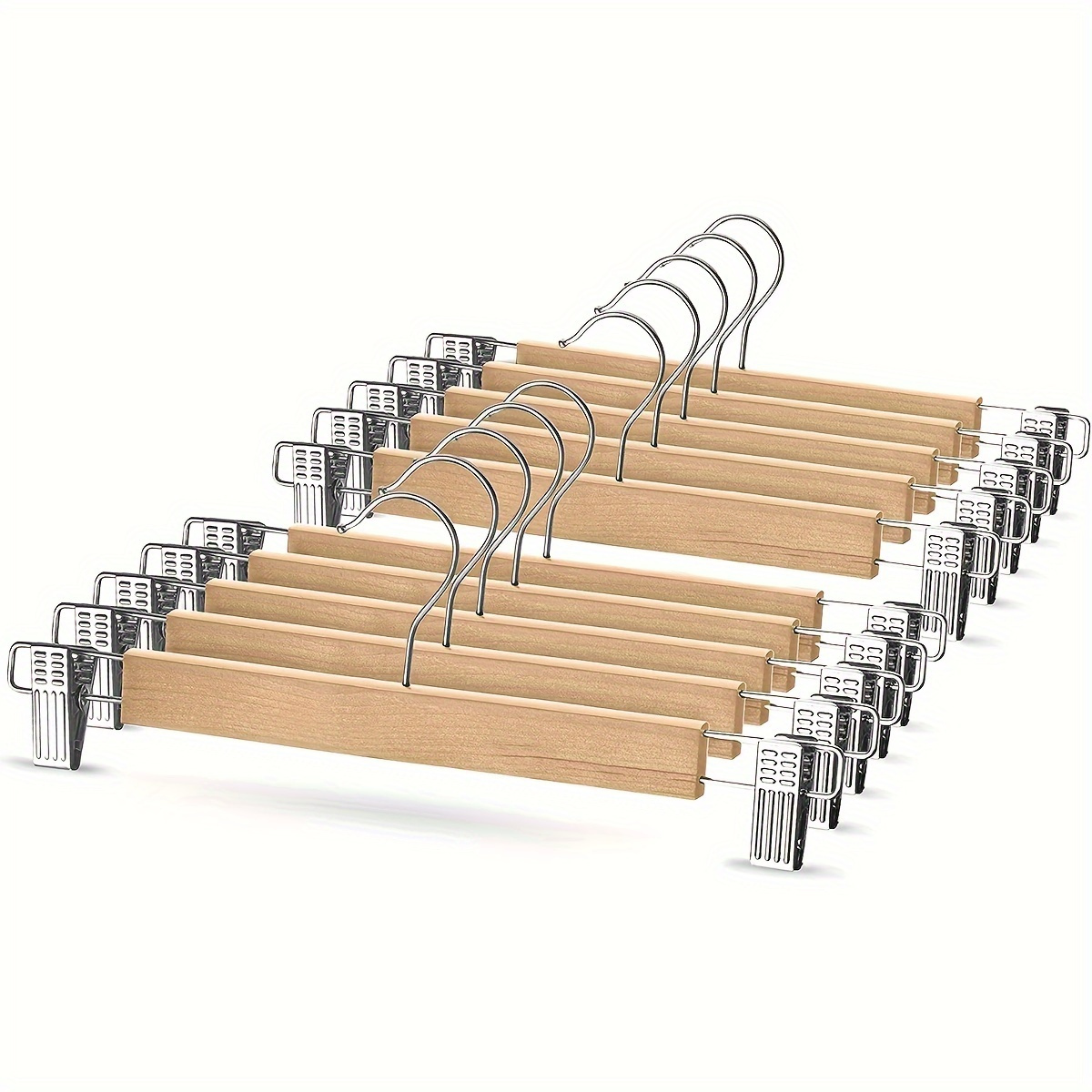 

10-pack Wooden Pants Hangers With Metal Clips, 360° Rotating Hook For Skirts, Slacks, Jeans - Durable Solid Wood Construction, Anti-rust Clips For Home Organization