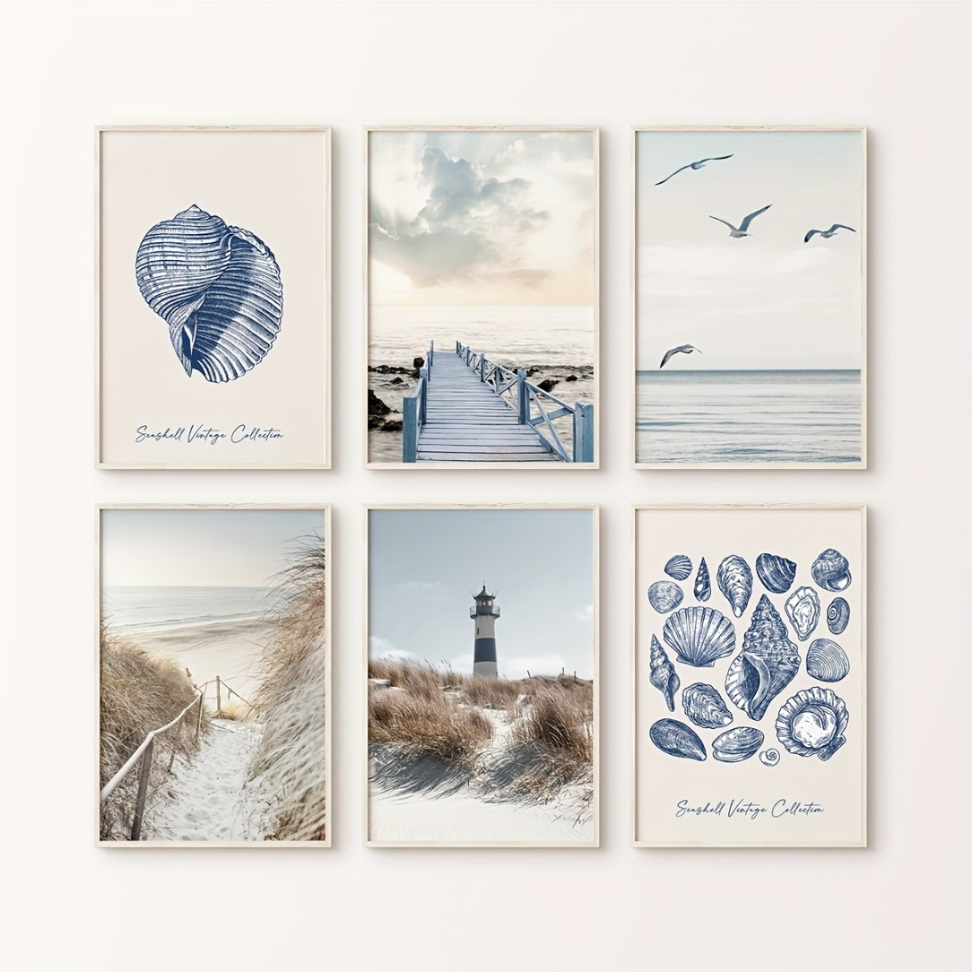 

6 Pieces Unframed Beach Wall Art Posters - Lighthouse, Blue Shells, And Seagulls - Ideal Gift For Home, Office, Or Dormitory Decoration - 8x10 Inches - Printed On High Quality Cardstock