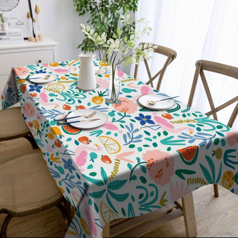 

1pc Vibrant Floral & Flamingo Fruit Print Tablecloth - Reusable, Dustproof Polyester For Indoor/outdoor Parties & Decor