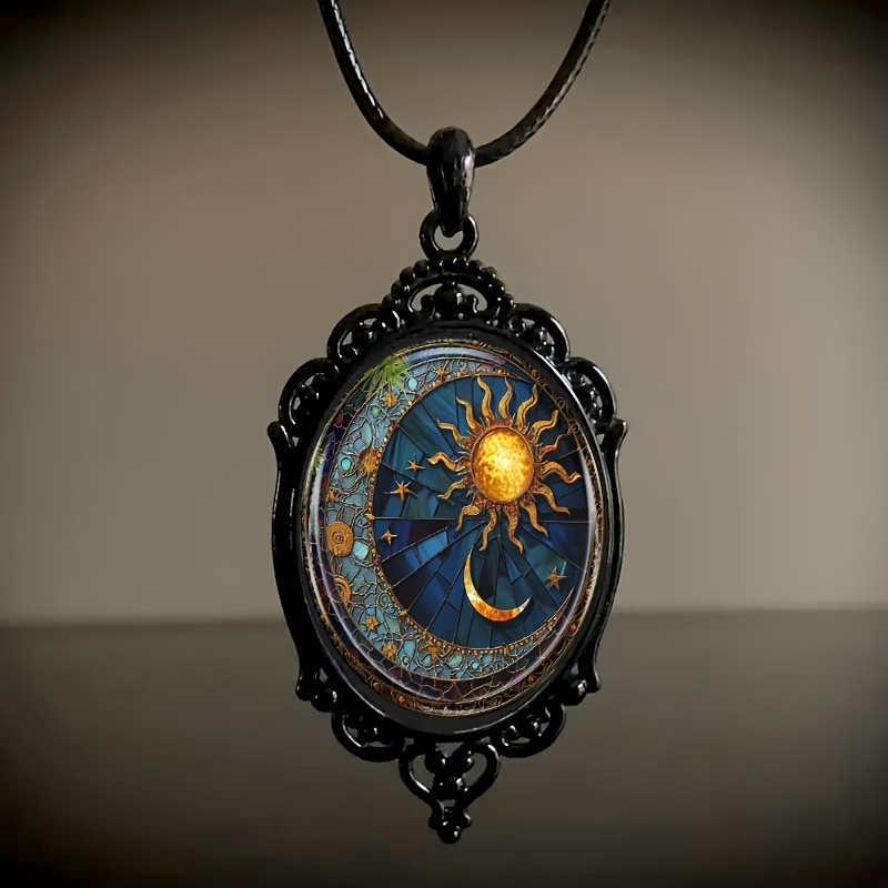 

1pc Enchanting Oval Glass Pendant Necklace - Sun & Moon Pattern In Black Frame, Vintage Romantic Jewelry For Her - A Unique And Elegant Gift Idea