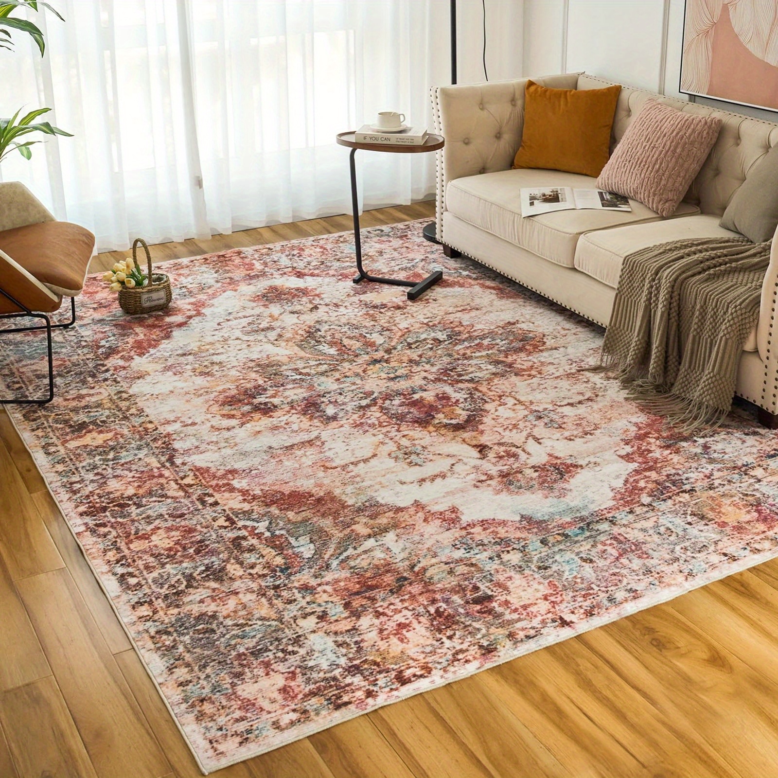 

Washable Rugs Non-slip Vintage Rugs Lightweight Low Pile Machine Washable Rugs Stain Resistant Queen Size Rugs Soft Rugs Thin Rugs For Living Room Bedroom Dining Room Flooring, Vintage-orange