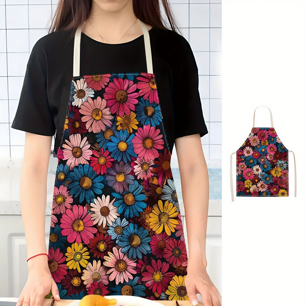 

Floral Chef Apron - Durable Stain Resistant Kitchen Apron With Adjustable Neck Strap And Front Pocket, 100% Polyester Woven Fabric, Festive Flower Pattern Cooking Apron For Women