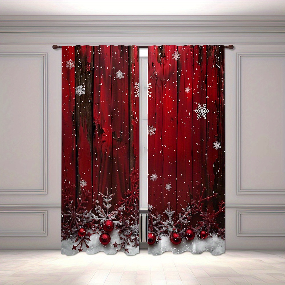 

2pcs Set Red Christmas Curtains - Polyester, Rod For & Bedroom Decor -