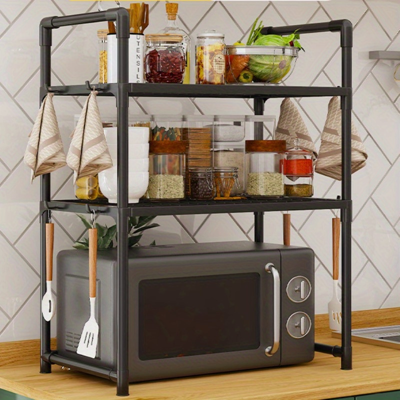 

Kitchen Organizer Rack With Hooks - Pp Material Microwave Stand - Lacquered Countertop Storage Shelf - Multi-level Decorative Shelving For Kitchen Accessories - Uncharged Space-saver Rack