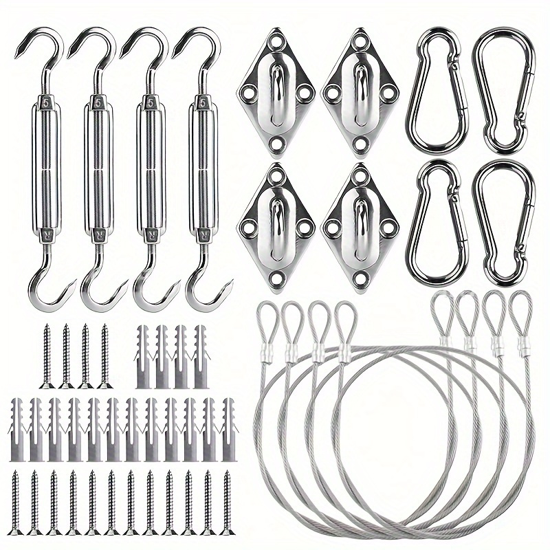 

44-piece Sun Shade Hardware Kit, Stainless Steel Fixing Accessories Set For Triangle & Square Canopy, Includes Turnbuckle, Spring Hook, Pad Eye, Wire Rope With Pvc Coating, Screw - Outdoor Use