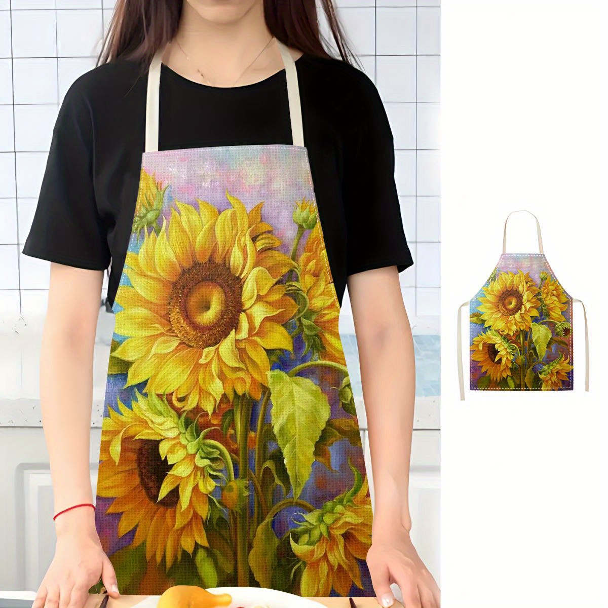 

Sunflower Design Chef Apron - 1pc Kitchen Apron With Pocket, Durable Stain-resistant Sleeveless Linen-style Polyester, Woven Fabric With 100% Polyester Cover, Adjustable Neck Strap