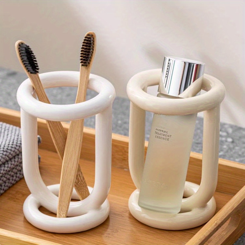 

1pc Ceramic Toothbrush Holder, Freestanding Toothpaste And Brush Organizer, Multi-functional Tabletop Storage For Utensils And Pens, No Electricity Needed