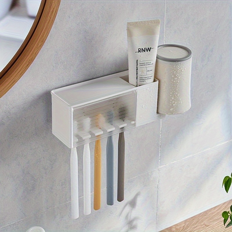 

Space-saving 5-slot Toothbrush Holder With Cup - Wall Mount, Dustproof, Adhesive Bathroom Organizer For Toothpaste & Brushes, Christmas/ Gift Decoration