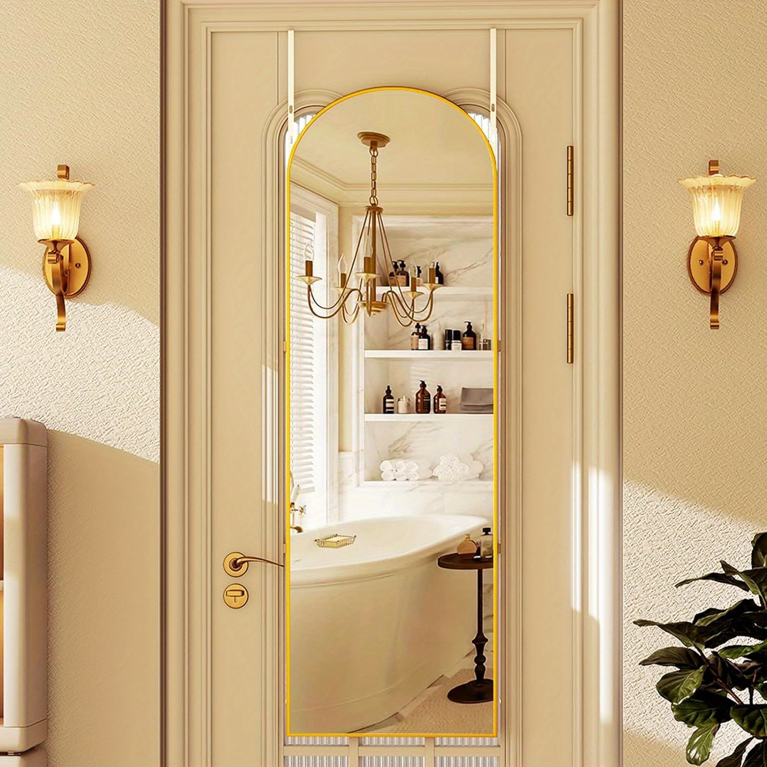 

14"x48" Arched Full Length Door Mirror Aluminum Frame Closet Mirror Full Length Hanging Mirror For Living Room Bedroom, Golden