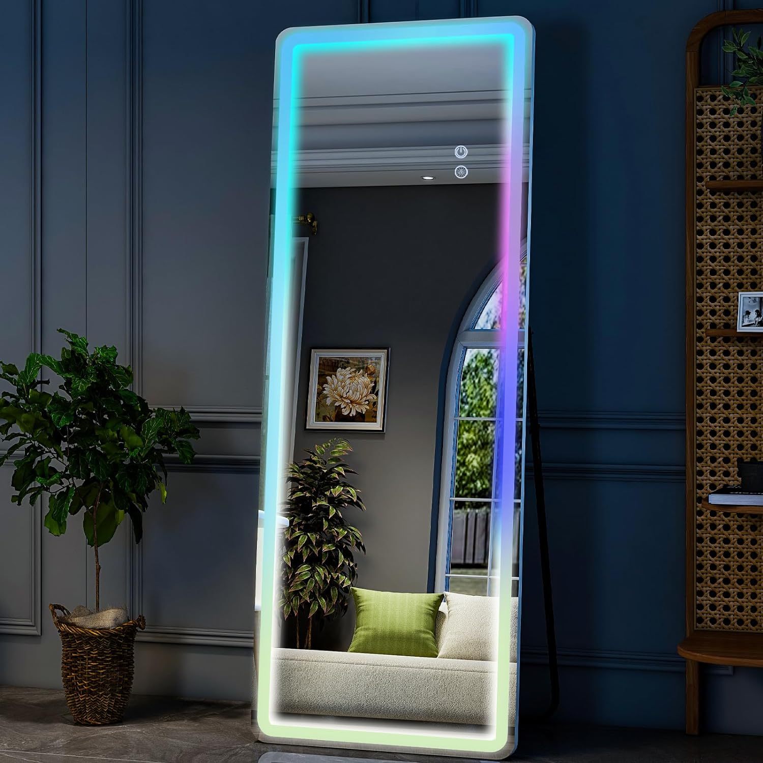 

Rounded Led Full Length Mirror Rgb Full Length Mirror Body Mirror With Lights Aluminum Frame Led Mirror With 7 Color Dimmable Lighting For Bedroom Living Room Bathroom, White