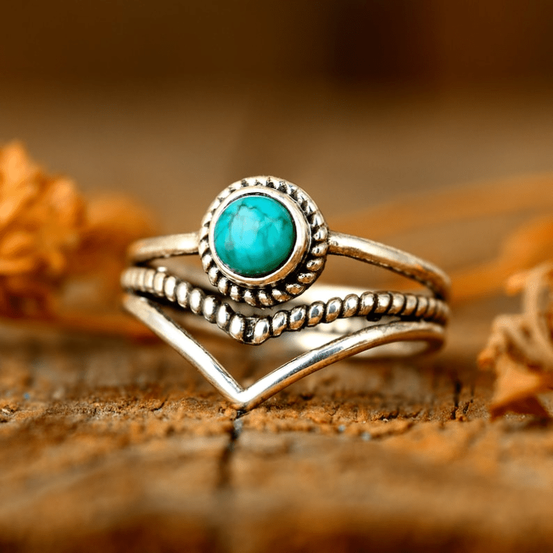 TEMU Bohemian Style High-quality Blue Round Turquoise Ring, Vintage & Elegant Design, Perfect For Anniversary & Birthday Gifts, Suitable For Parties And Evening Events