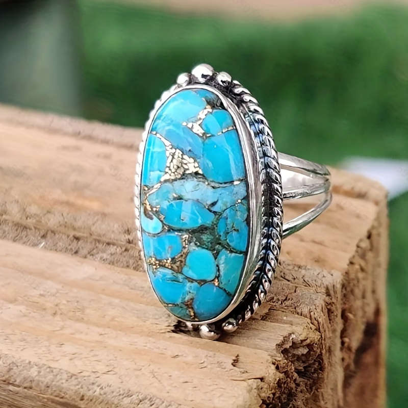 

Elegant Oval Turquoise Halo Ring, Vintage Luxury Style, Fashion Engagement Wedding Band, Ideal For Anniversary & Birthday Gift