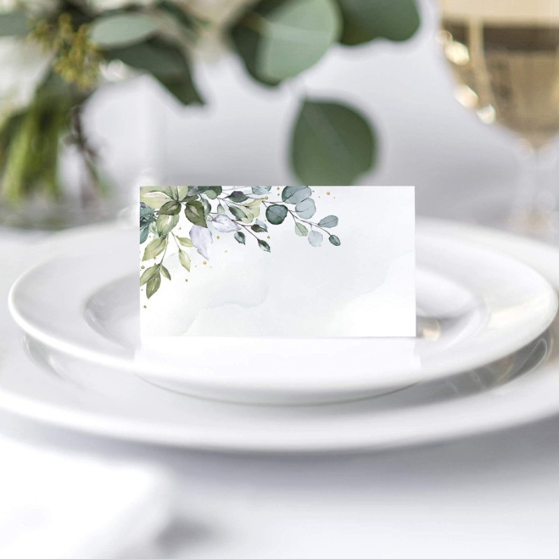 

50pcs Green Leaf Watercolor Wedding Place Cards, Foldable Seat Assignment Cards For Dinner Party Event, Can Be Personalized With Guest Names