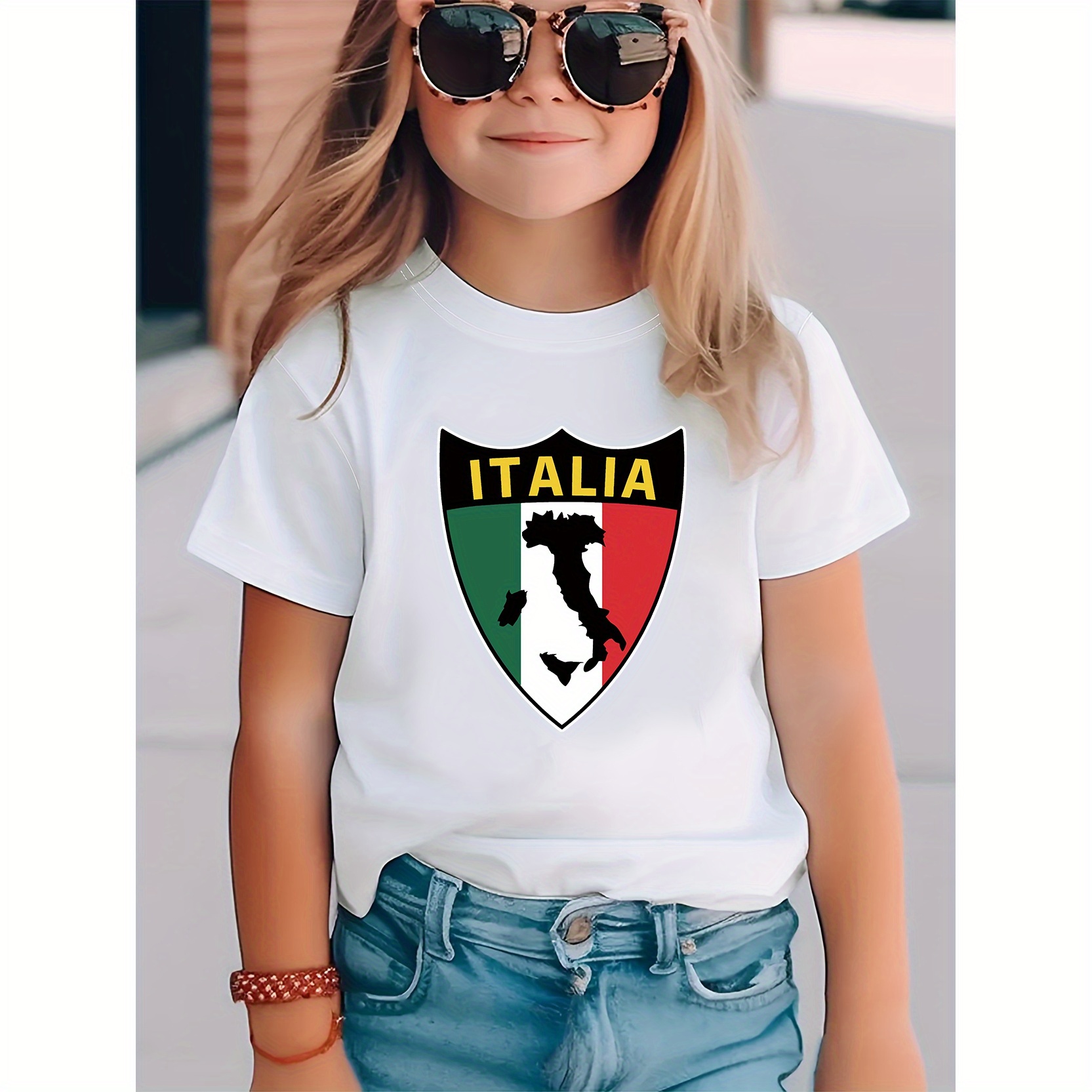 

Girl's Trendy Italia Shield Flag Print T-shirt, Round Neck Casual Short Sleeve Top, Comfy And Soft, Girl's Clothing