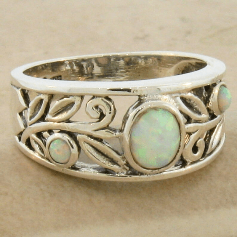 

Sterling Silver Opal Ring, Vintage Style Elegant Engagement Wedding Party Jewelry, Antique Floral Band Design With Opal Accents