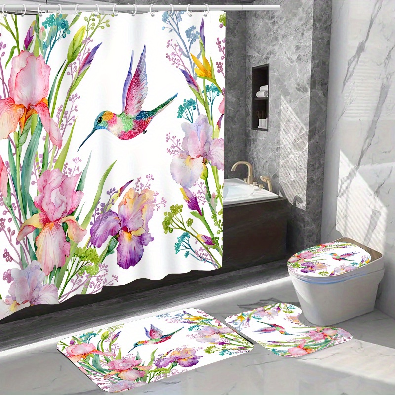 

1/4pcs Hummingbird And Flowers Pattern Shower Curtain Set, Waterproof Shower Curtain With 12 Hooks, Non-slip Bathroom Rug, Toilet U-shape Mat, Toilet Lid Cover Pad, Bathroom Decor