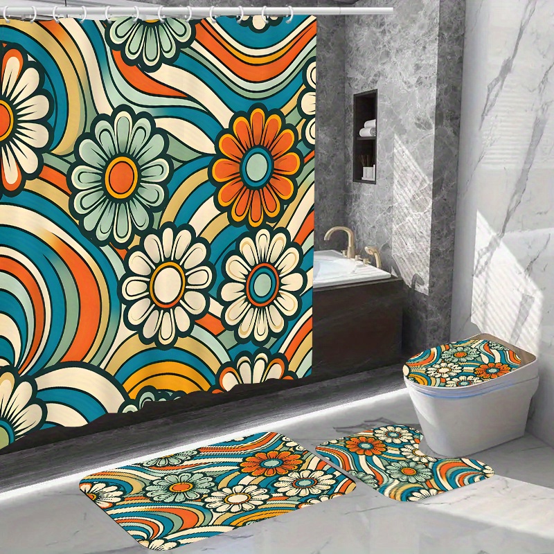 

1/4pcs Pattern Shower Curtain Set, Shower Curtain Bath Mat, U-shaped Rug, Lid , And 12 , Bathroom Kit For