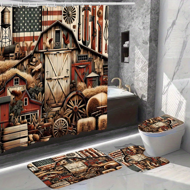 

Shower Curtain Set Rug, , And Bathroom Mat - - Polyester 12 , & Tool Pattern, Curtain Set For ,