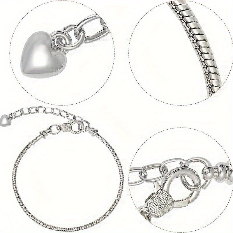 10pcs copper snake chain bracelet kit silver plated heart charm lobster clasp large hole spacer beads fashion   accessories for women and girls details 5