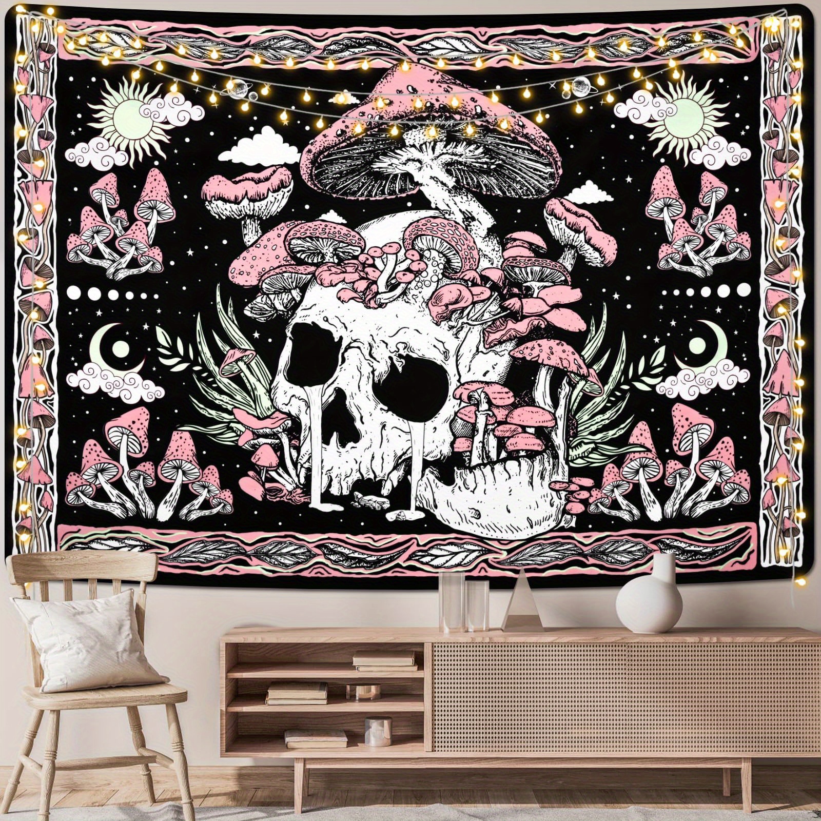 

Mushroom Tapestry - Hippie Skeleton Wall Hanging With Pink Leaves, Landscape Polyester Knit Fabric, No Electricity Required