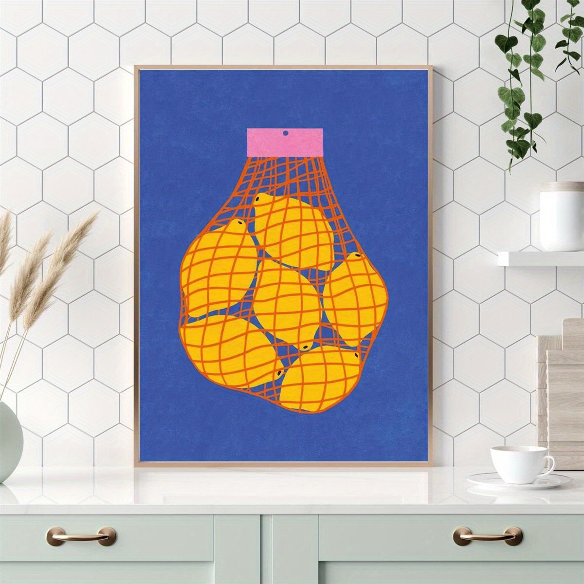 

Colorful Lemon Net Illustration - Unframed Canvas Art Print Poster - Minimalist Art Deco Style - Waterproof Wall Art For Home, Office, Cafe, Bar, Dorm Decor - Indoor Use Only